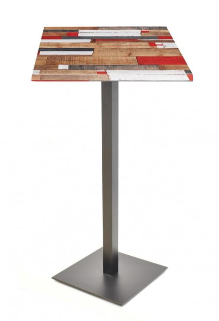 Mesa alta TROCADERO, negra, base de 110 cms y tapa de 60x60 cms. Color a elegir, Tableros de 60x60 cms: WERZALIT SM - KBANA RED 271