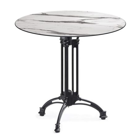 Mesa EIFFEL NEW, aluminio, 3 pies, negra, base de 70 cms y tapa 70 cms. Color a elegir, Tableros de 70 cms: COMPACTO, MÁRMOL AFYON 5657, TAVILO (69 cms)