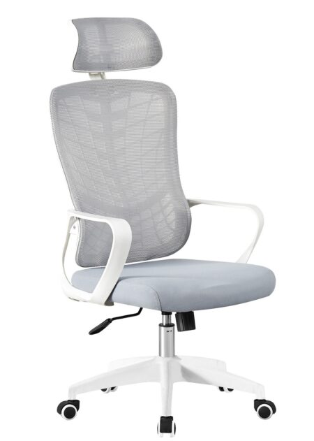 Sillón de oficina MELLAC, alto, blanco, malla y asiento gris
