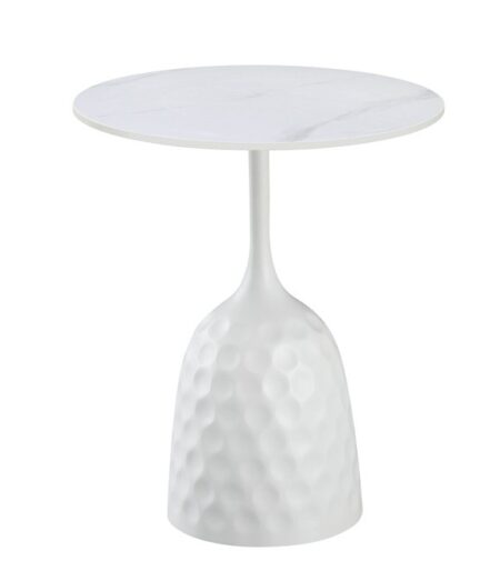 Mesa CAVEZZO, baja, blanca, tapa cerámica mármol blanco, 50 cms de diámetro