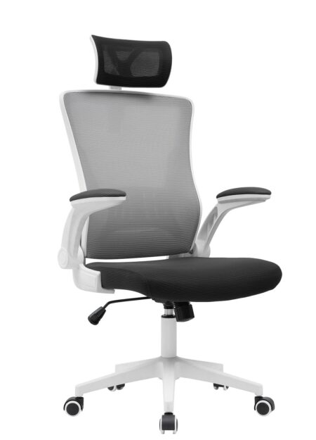 Sillón de oficina LAURO, alto, blanco, malla gris, asiento negro