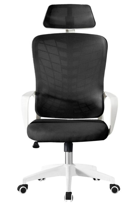 Sillón de oficina MELLAC, alto, blanco, malla y asiento negro